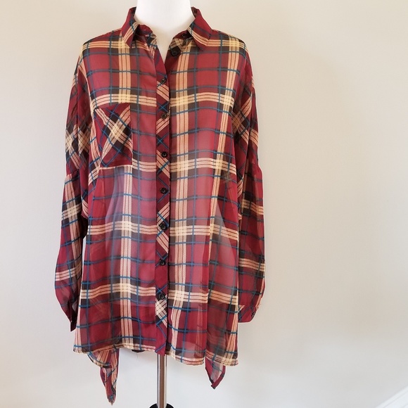 Sans Souci Tops - Sans Souci | Sheer Plaid Button Up Shirt